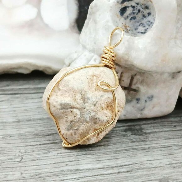 Fossil Pendant, Gold Wire Wrapped Stone Pendant, 1.5" - Picture 3 of 3